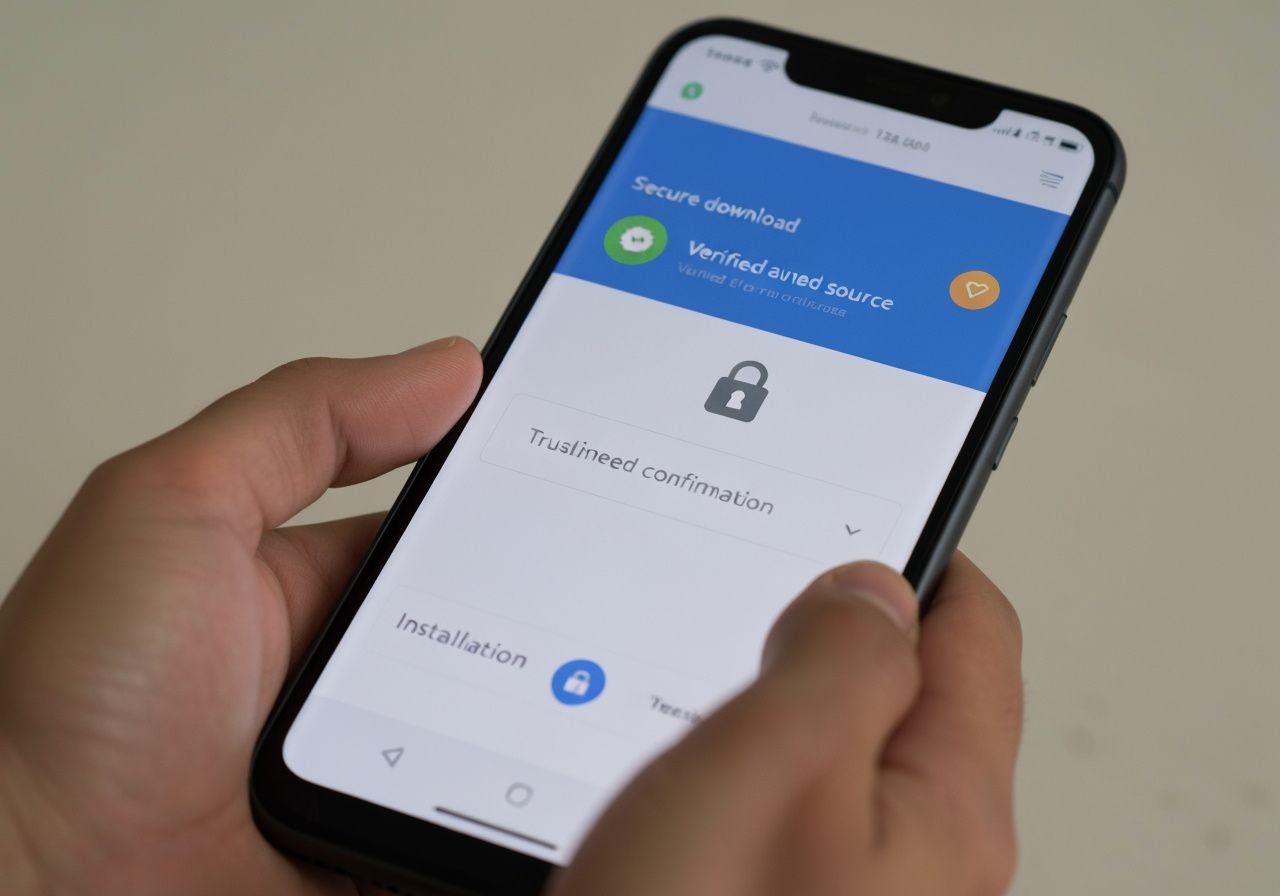 Processus de téléchargement sécurisé sur Android avec indicateur de source vérifiée et confirmation d'installation