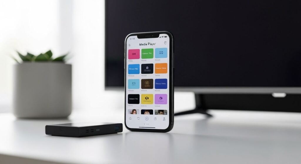 Application IPTV sur smartphone avec lecteur multimédia et appareil de streaming connecté à une Smart TV