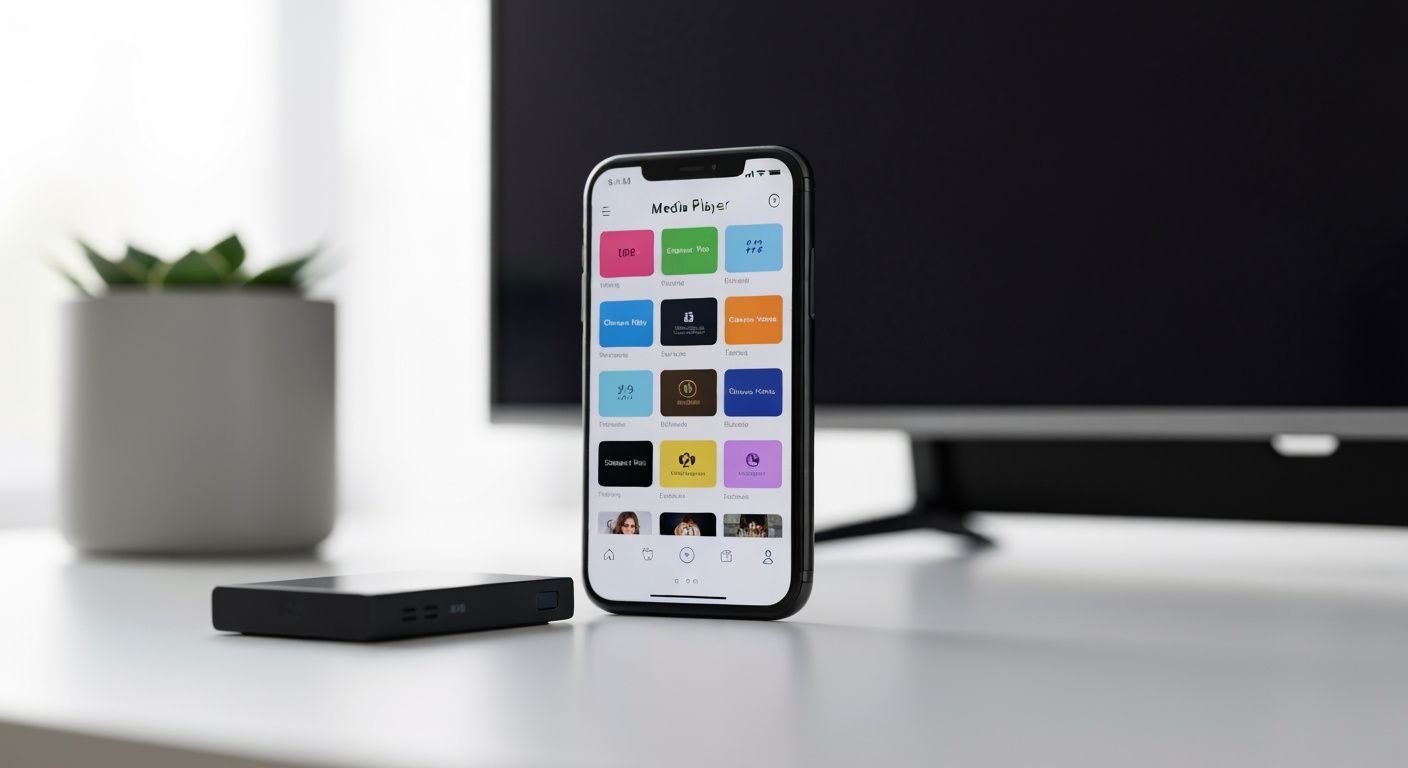 Application IPTV sur smartphone avec lecteur multimédia et appareil de streaming connecté à une Smart TV