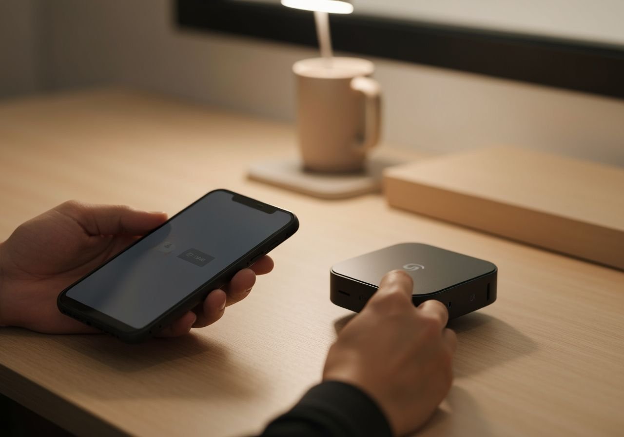 Mains tenant un smartphone et un appareil de streaming compact pour l'installation