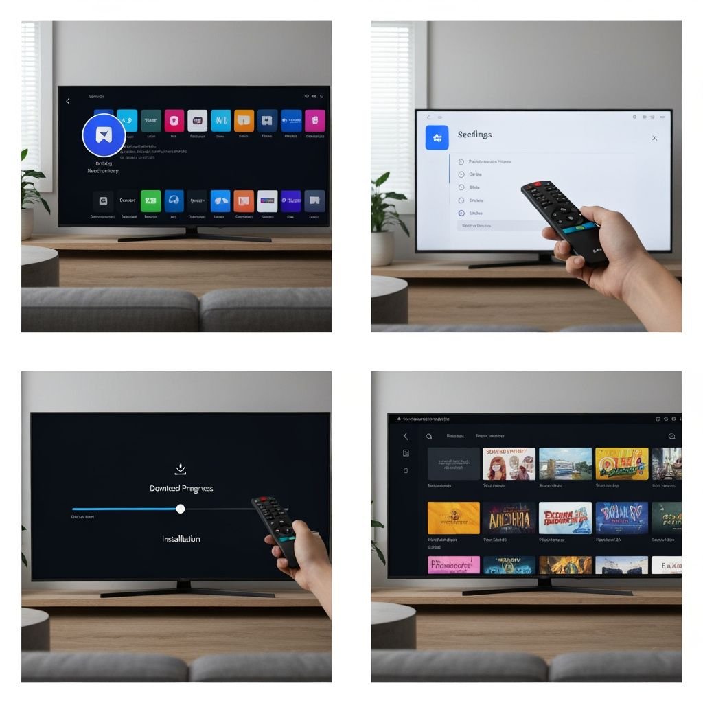 Quatre étapes d'installation : accueil TV, menu paramètres, téléchargement en cours, application active