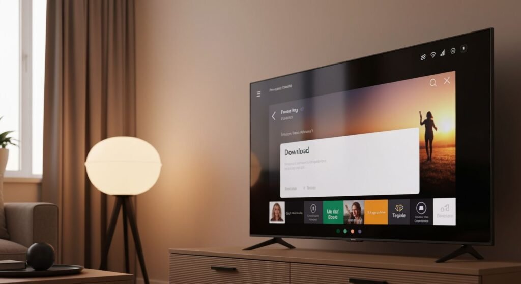 Écran de TV moderne affichant l'interface d'installation d'une application de streaming IPTV