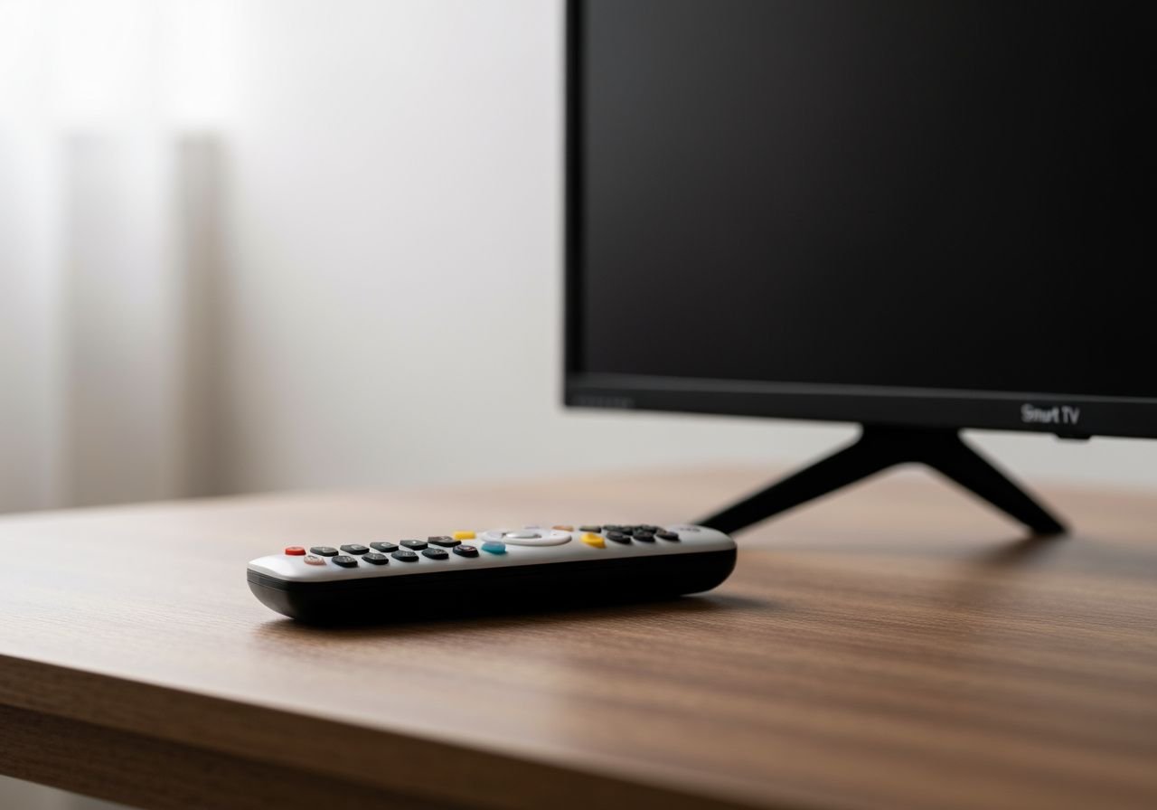 Télécommande et TV moderne prêtes pour l'installation d'une application de lecteur IPTV