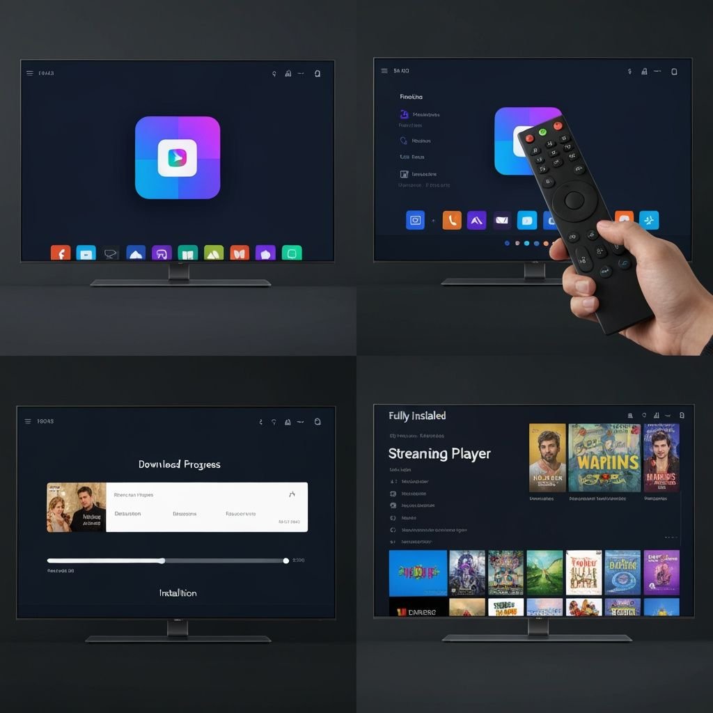 Quatre étapes d'installation : accueil TV, navigation menu, téléchargement en cours, lecteur actif