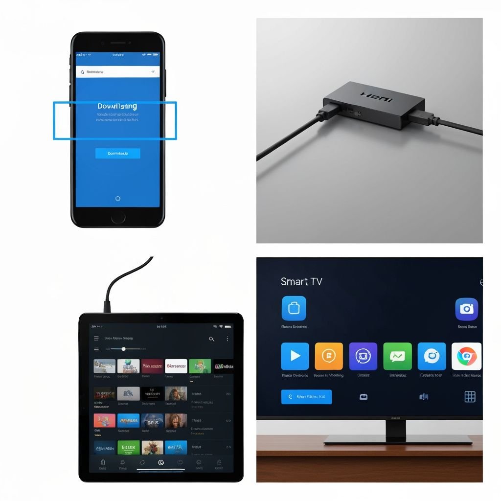 Quatre étapes d'installation : téléchargement sur smartphone, connexion d'appareil, interface tablette et écran Smart TV