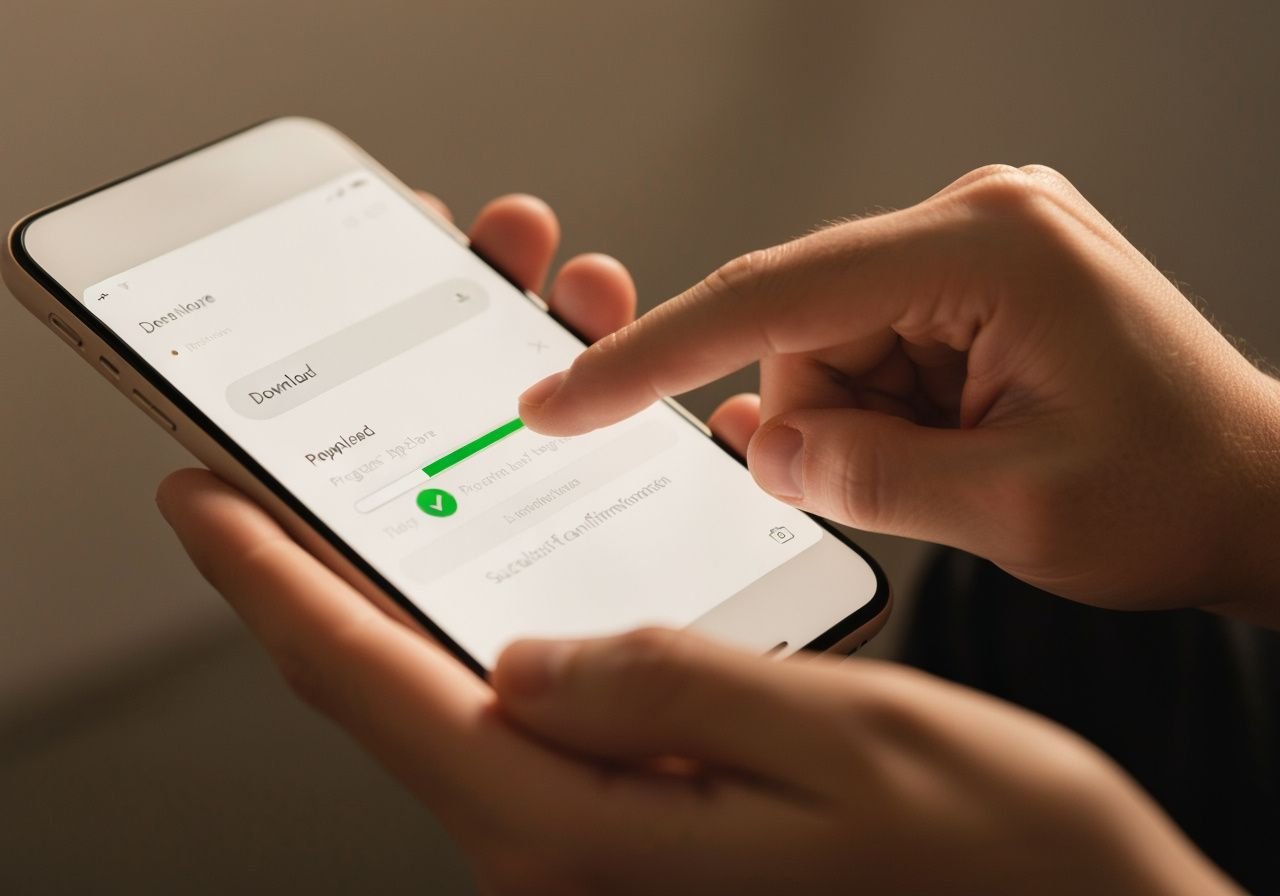 Processus d'installation pas à pas : téléchargement et confirmation sur écran de smartphone