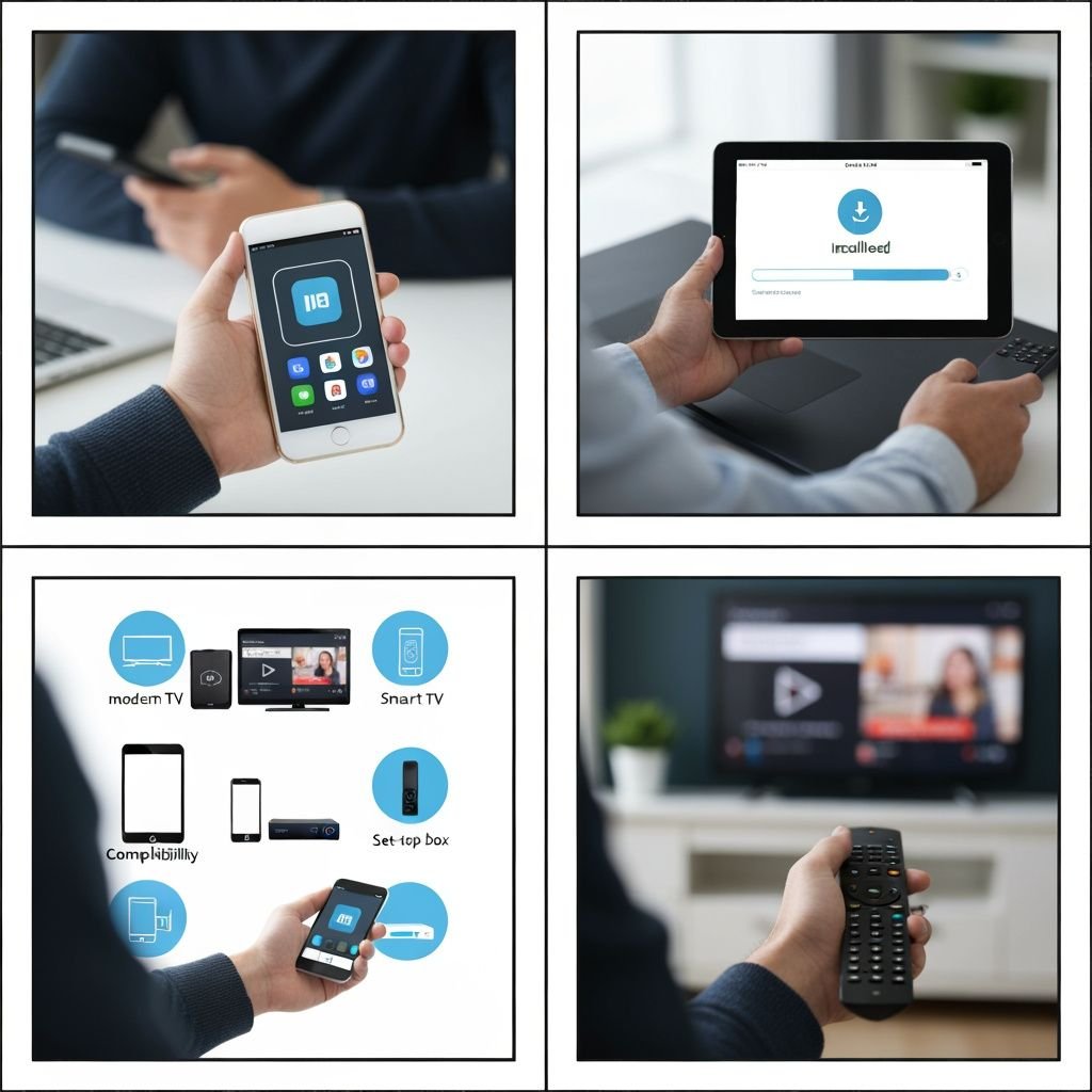 Guide d'installation en quatre étapes : téléchargement, installation, compatibilité appareils et lecture vidéo.
