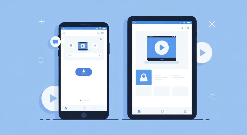 Illustration d'une application lecteur IPTV sur smartphone et tablette avec interface de lecture vidéo.