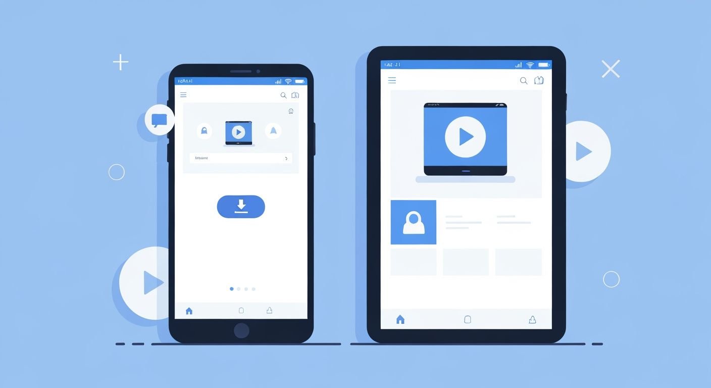 Illustration d'une application lecteur IPTV sur smartphone et tablette avec interface de lecture vidéo.