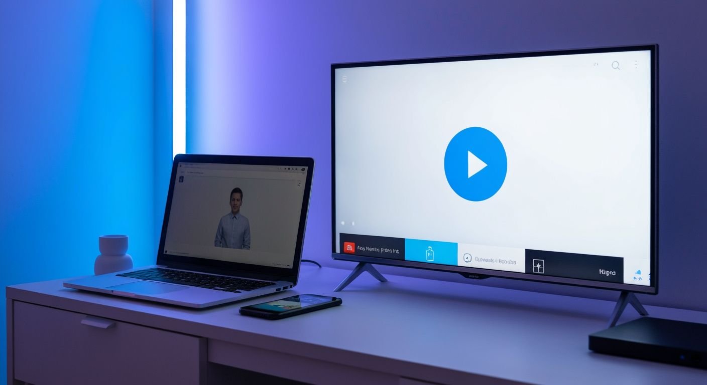 Interface de lecteur IPTV moderne sur écran avec télécommande et appareils connectés