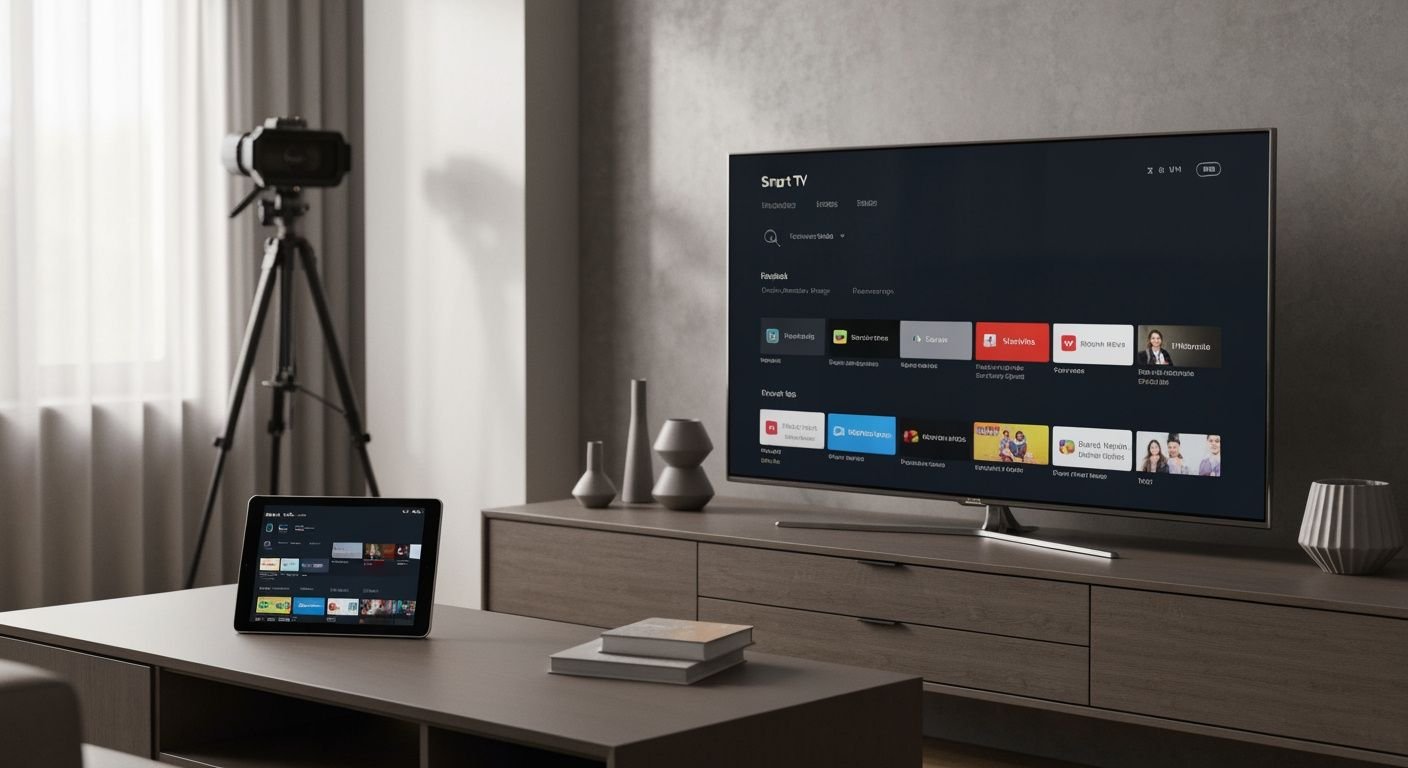 Interface de streaming IPTV sur écran Smart TV avec guide des programmes et canaux en direct