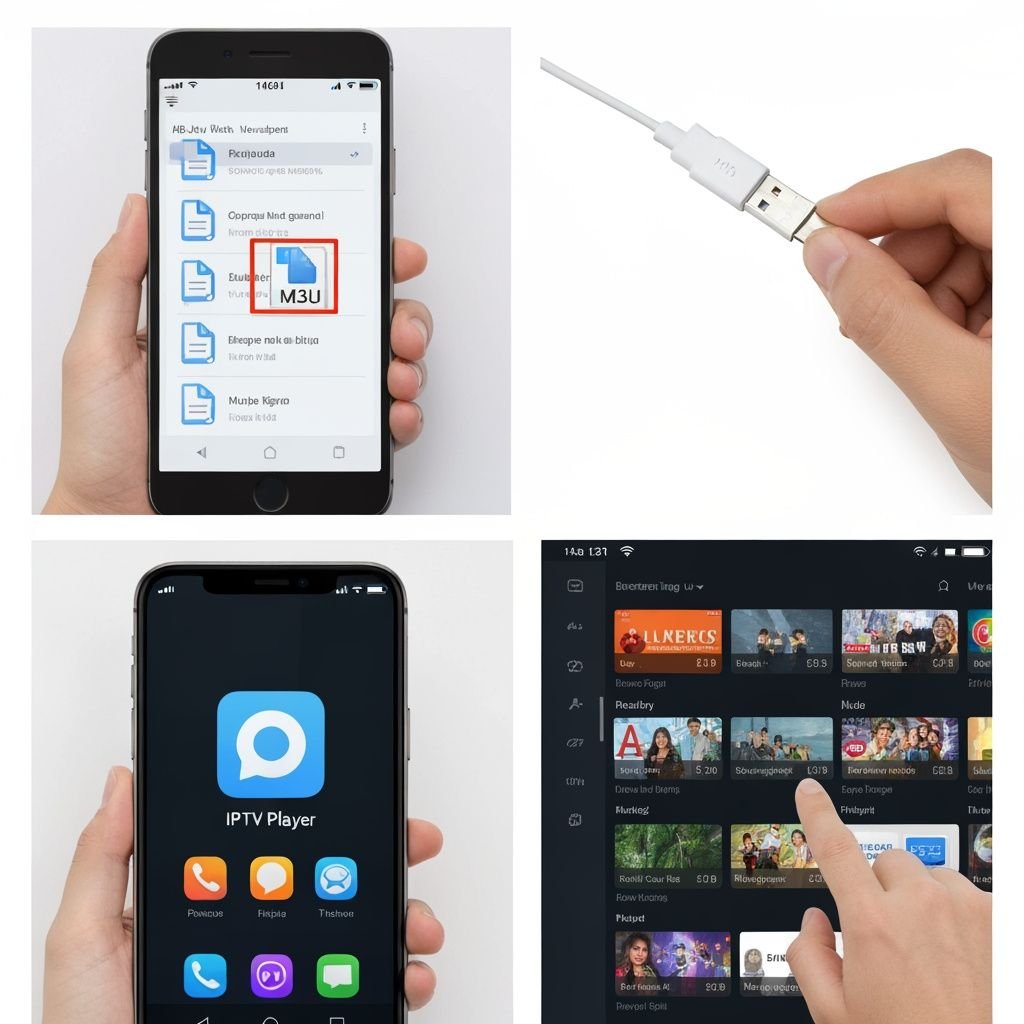 Quatre étapes : gestionnaire fichiers M3U, transfert USB, installation app, interface de streaming