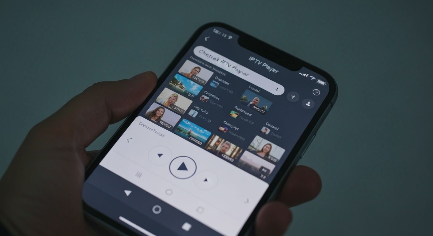 Écran de smartphone affichant une application lecteur IPTV avec liste de chaînes chargée