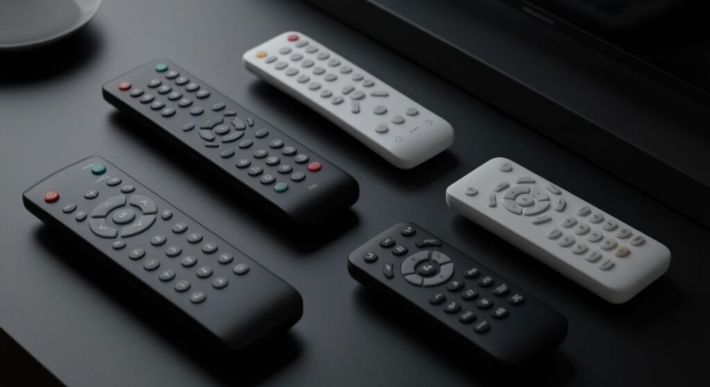 Cinq télécommandes IPTV différentes alignées sur surface sombre avec éclairage professionnel