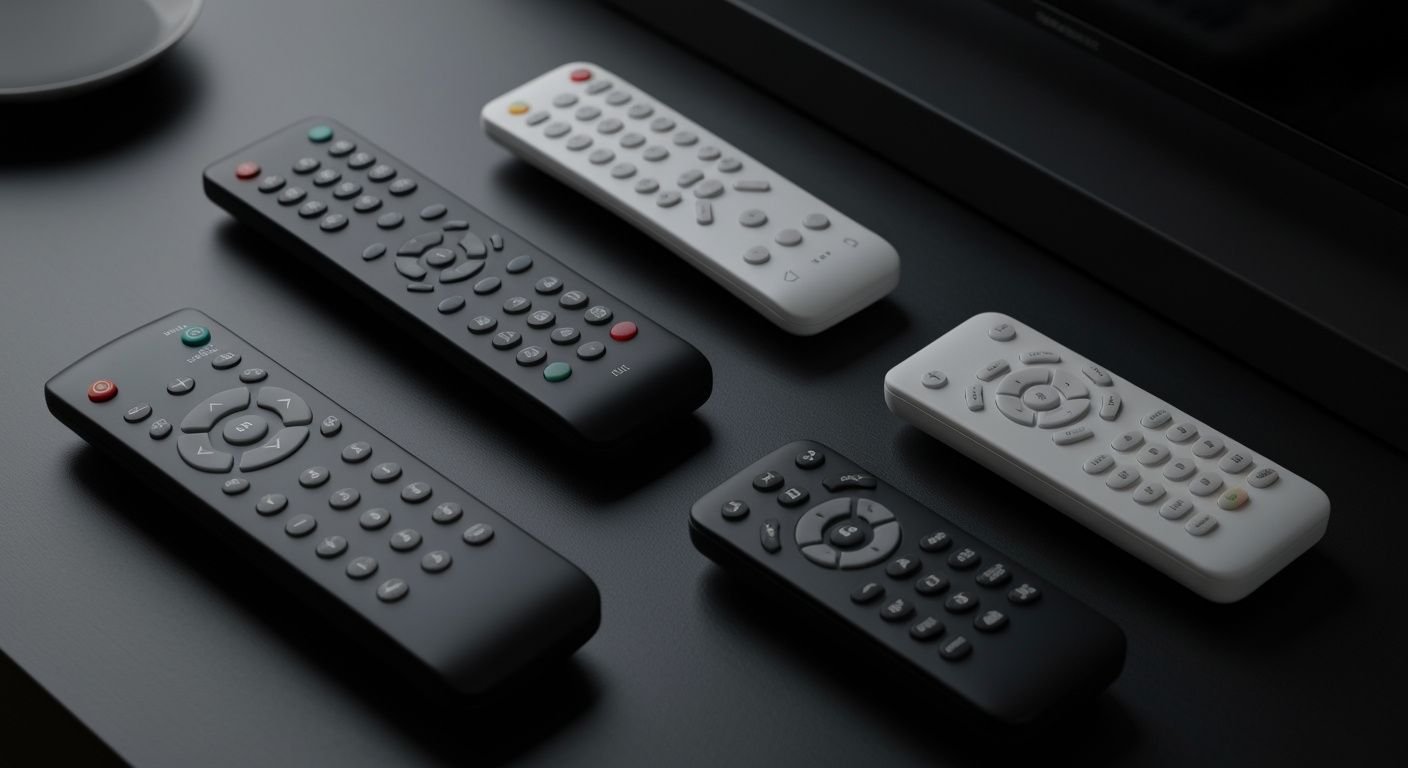 Cinq télécommandes IPTV différentes alignées sur surface sombre avec éclairage professionnel