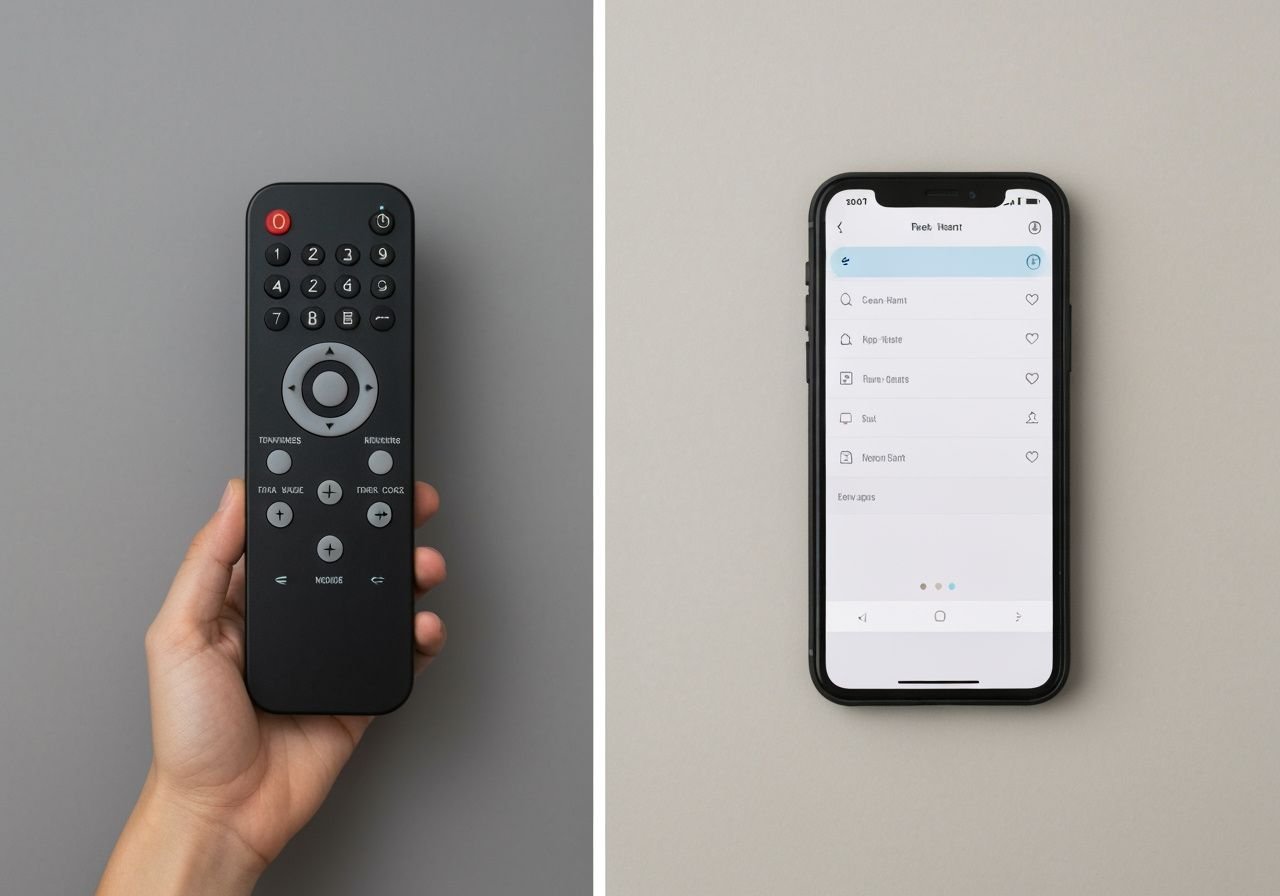 Comparaison côte à côte entre télécommande infrarouge et application mobile de contrôle
