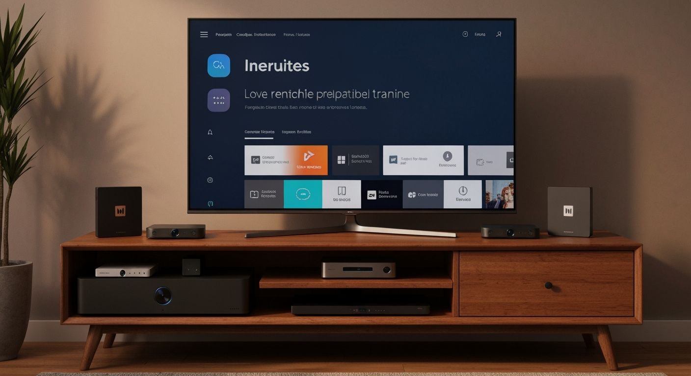 Téléviseur connecté moderne avec interface de streaming et appareils compatibles sur meuble TV