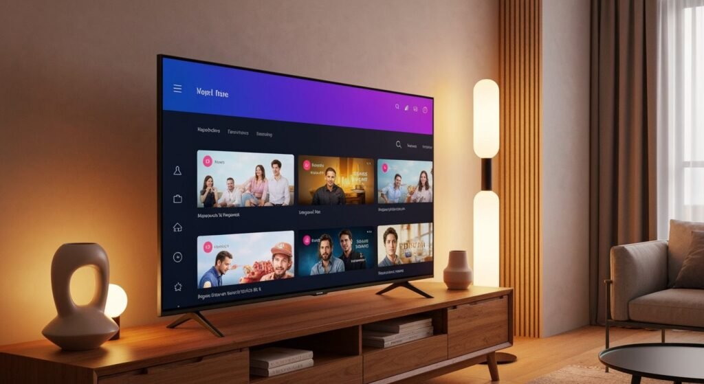 Téléviseur connecté moderne affichant une interface de streaming dans un salon contemporain avec éclairage ambiant.