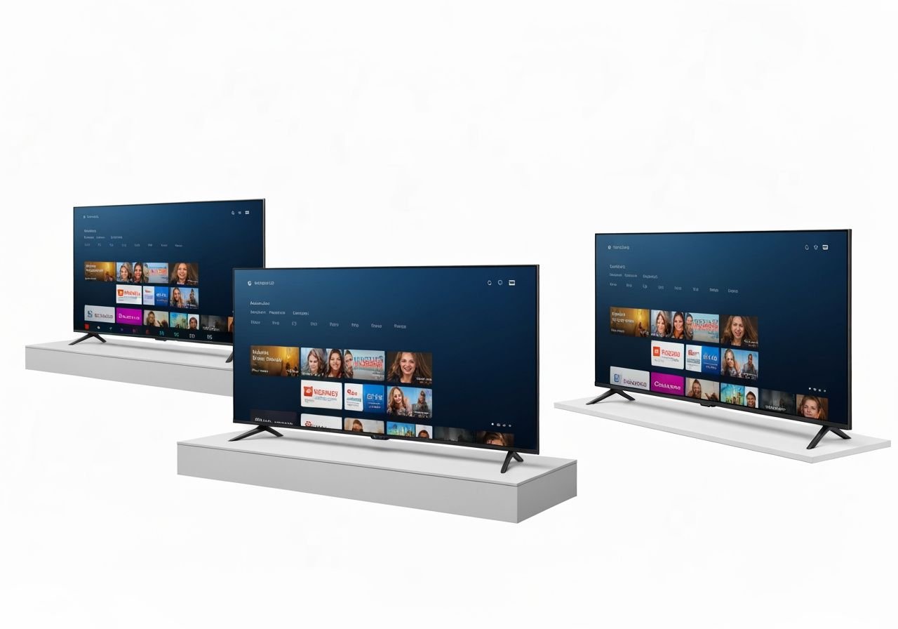 Comparaison de trois téléviseurs connectés de différentes tailles avec interfaces de streaming en showroom professionnel.