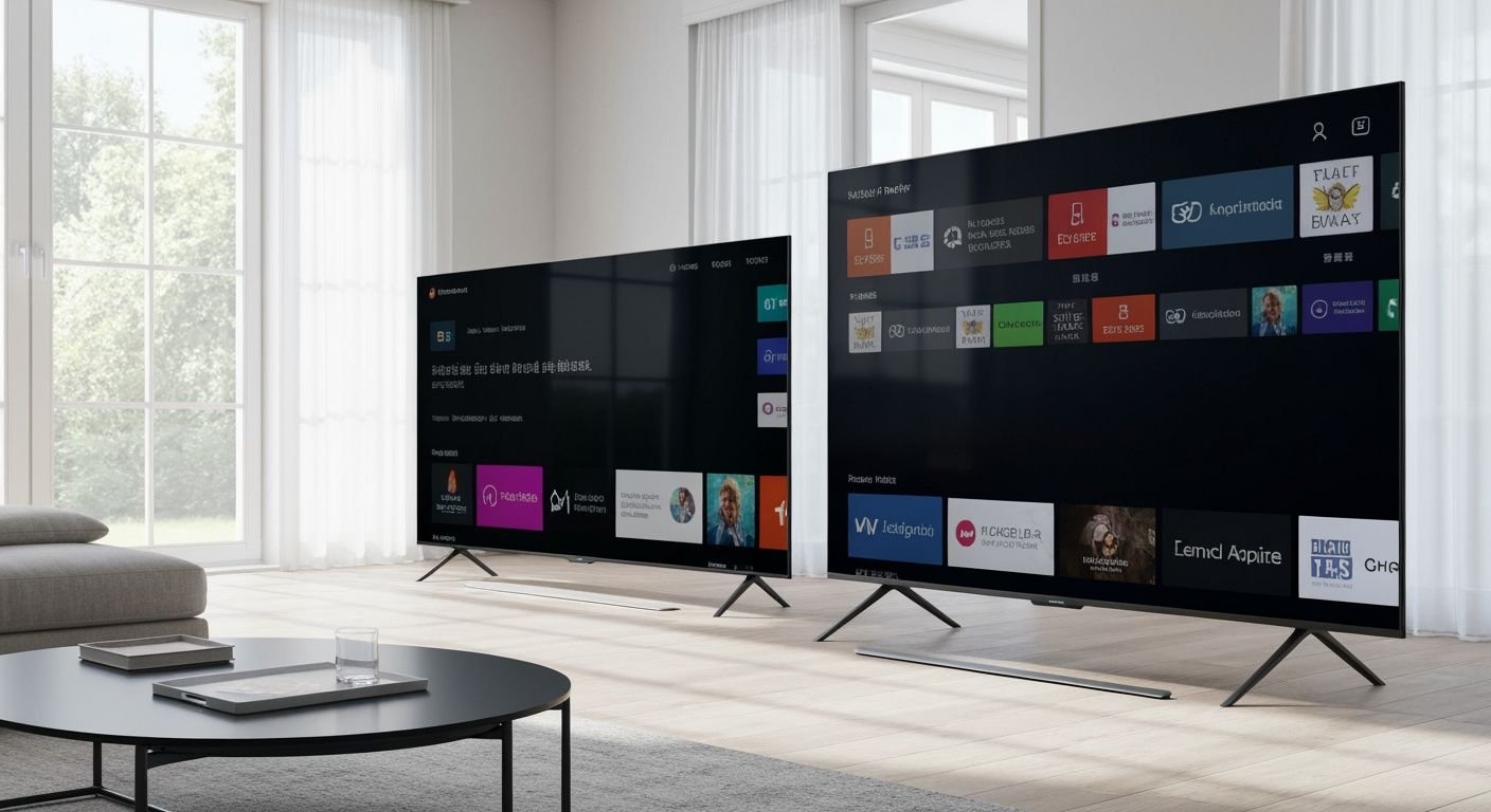 Trois téléviseurs Smart TV modernes affichant différentes interfaces de streaming dans un salon lumineux.