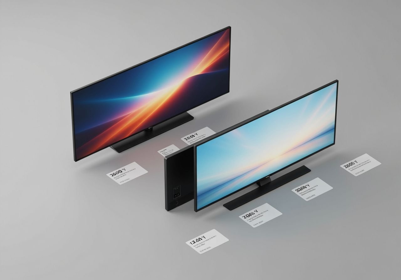 Comparaison de trois modèles de téléviseurs Smart TV avec spécifications techniques visibles.