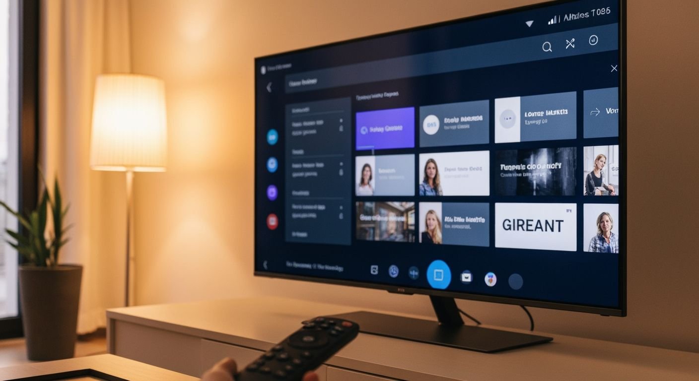 Télévision Android affichant une interface de streaming avec télécommande en avant-plan
