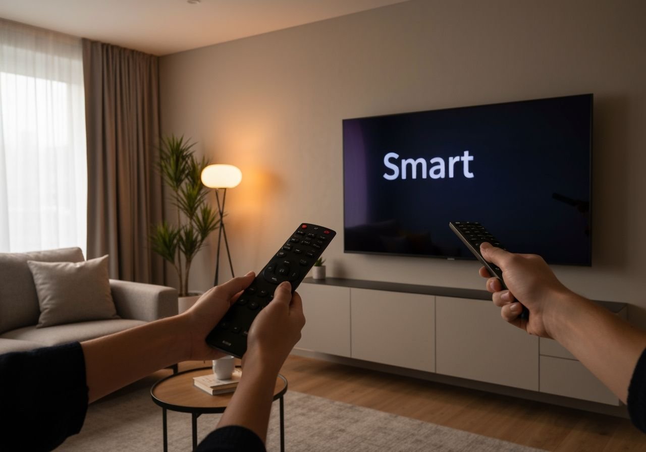 Configuration d'une Smart TV Android avec télécommande dans un salon moderne