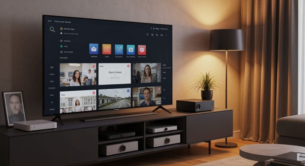 Télévision connectée moderne affichant une interface de streaming générique dans un salon contemporain