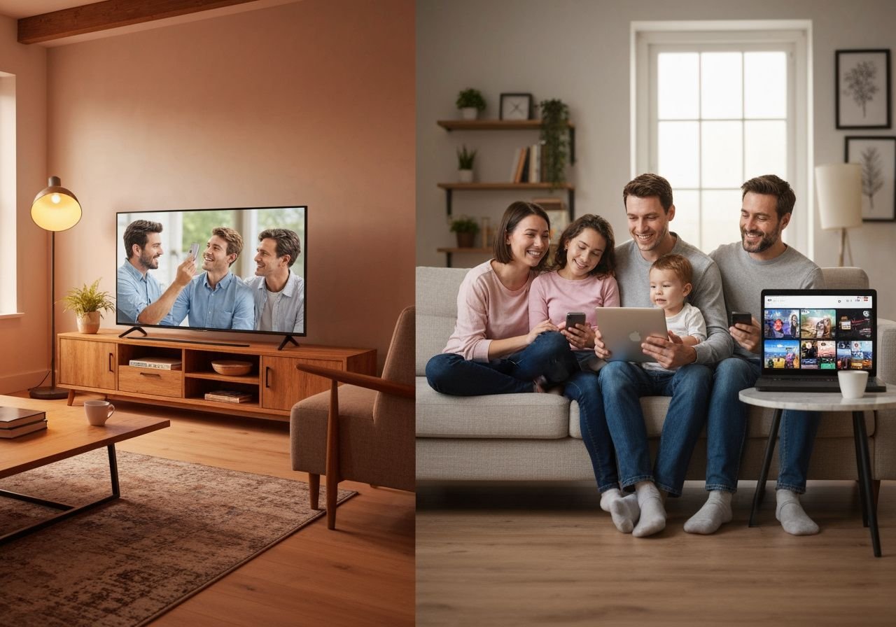Famille regardant la télévision connectée sur plusieurs appareils de streaming simultanément