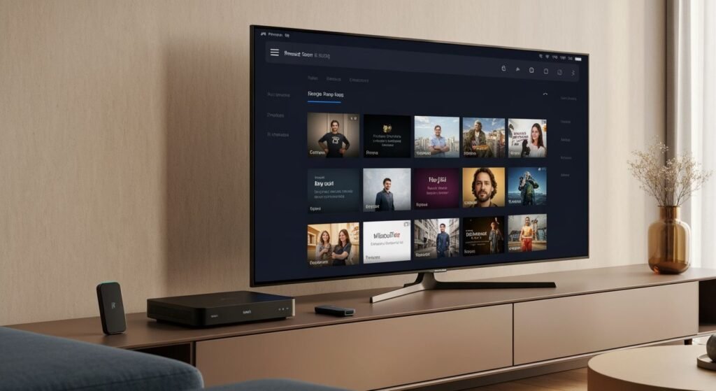 Télévision connectée moderne affichant une interface de streaming générique dans un salon contemporain