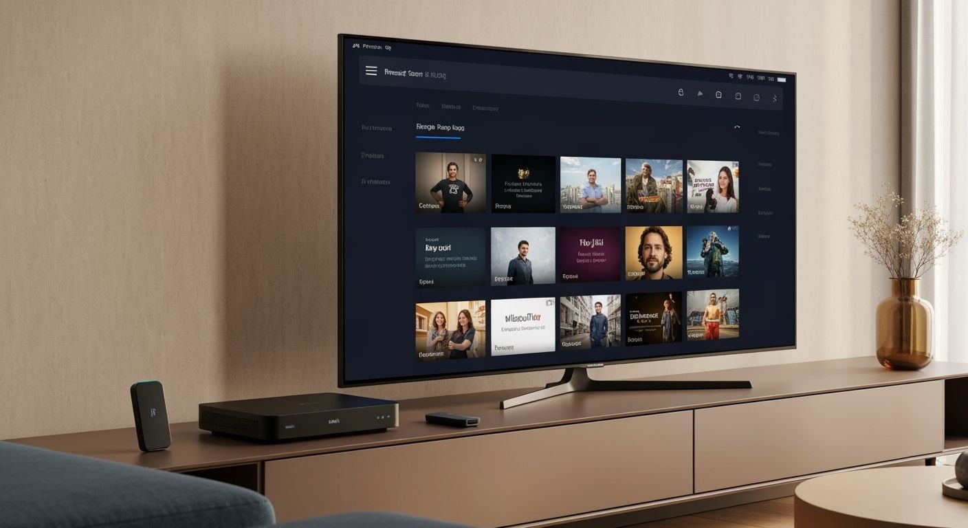 Télévision connectée moderne affichant une interface de streaming générique dans un salon contemporain