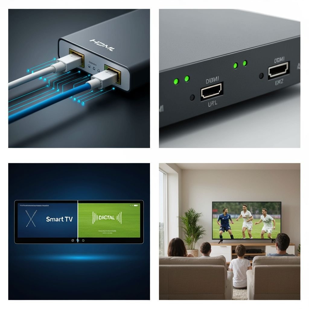Quatre panneaux expliquant la télévision IP : connexion fibre, box internet, diffusion numérique et visionnage en famille