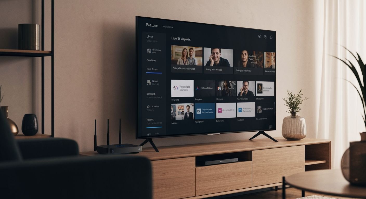 Téléviseur moderne affichant une interface de streaming avec chaînes TV et contenu à la demande
