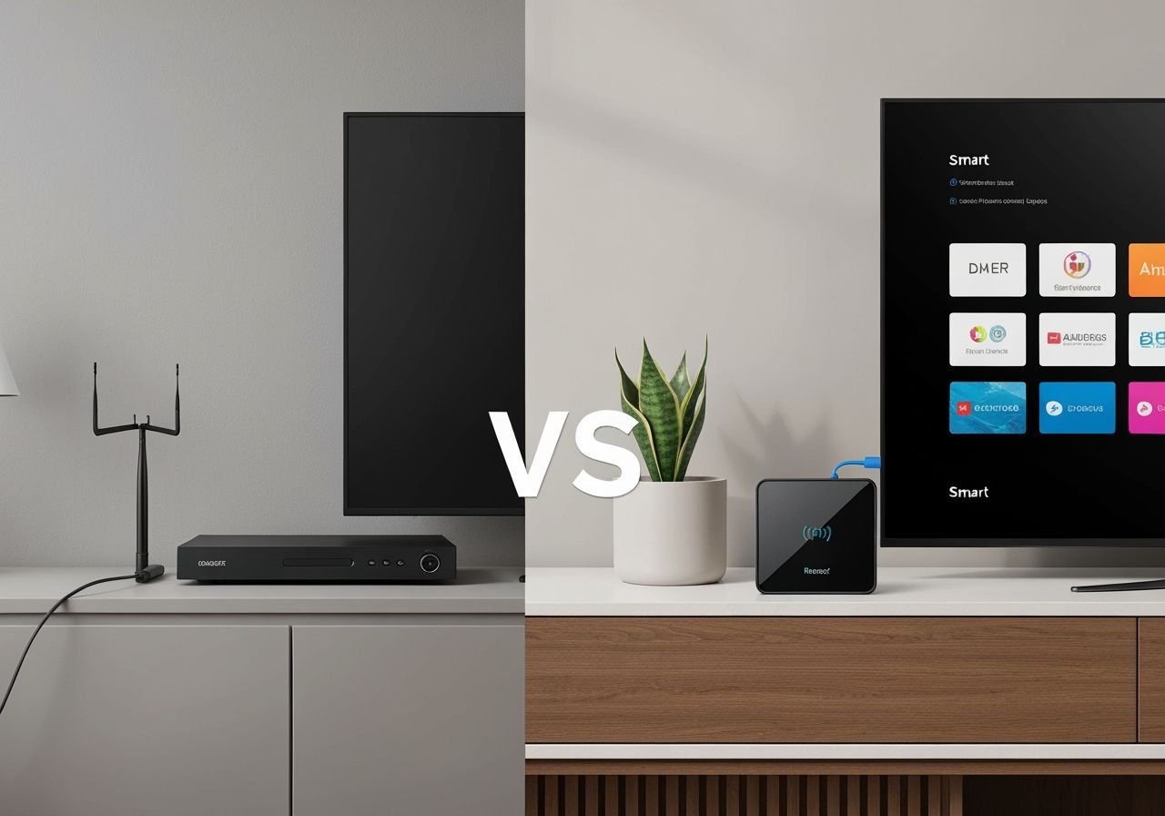 Comparaison entre la TV traditionnelle et la télévision IP moderne dans un salon contemporain