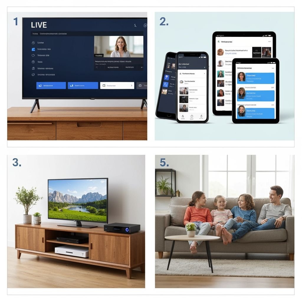 Quatre solutions pour regarder la télévision par internet : Smart TV, smartphone, boîtier média et famille regardant...