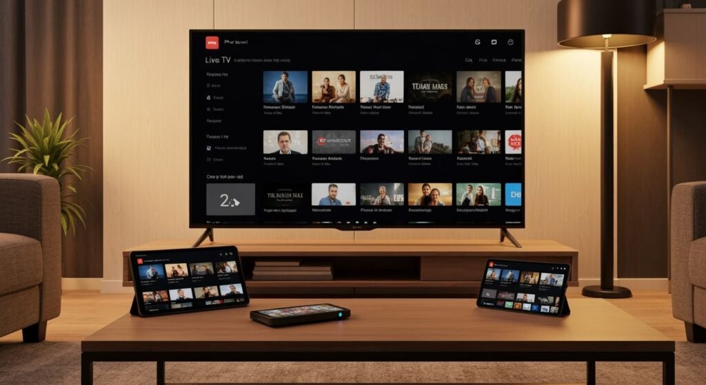 Salon moderne avec téléviseur affichant une interface de streaming TV en direct et contenu à la demande.