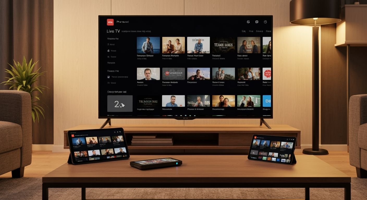 Salon moderne avec téléviseur affichant une interface de streaming TV en direct et contenu à la demande.