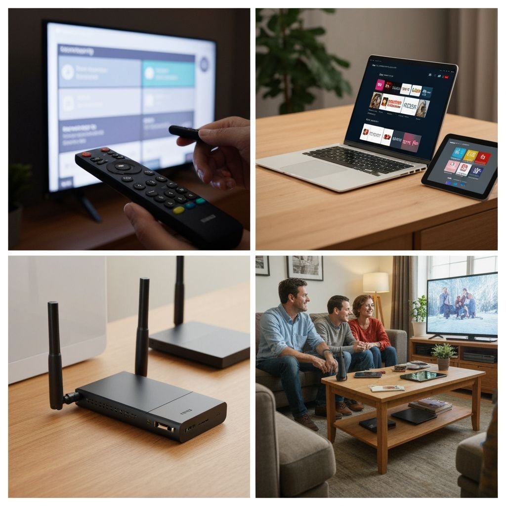 Quatre panneaux montrant : télécommande, appareils multiples, box internet, et famille regardant la télévision ensemble.
