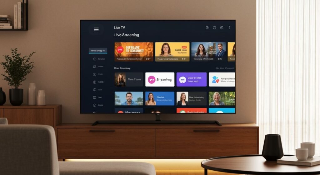 Téléviseur moderne affichant une interface de streaming avec plusieurs chaînes et contenus à la demande disponibles.