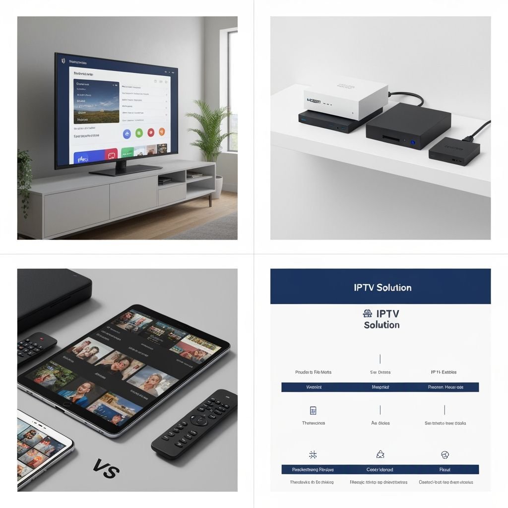 Comparatif visuel de quatre solutions IPTV : Smart TV, lecteurs multimédias, appareils portables et interface de sélection.