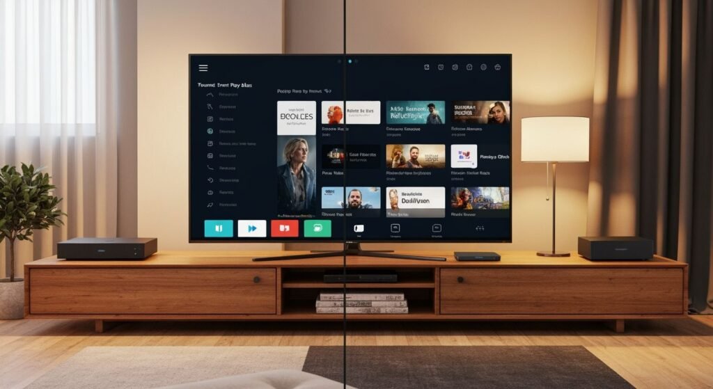 Télévision Smart moderne affichant une interface de streaming avec plusieurs applications IPTV disponibles.