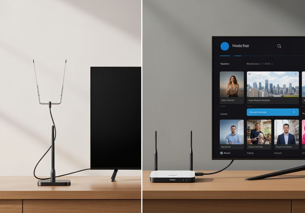 Comparaison entre installation TV traditionnelle et solution de streaming moderne avec appareil HDMI.