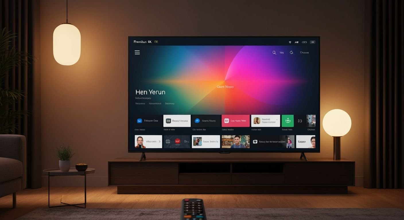 Téléviseur 4K connecté affichant une interface de streaming générique dans un salon moderne et élégant