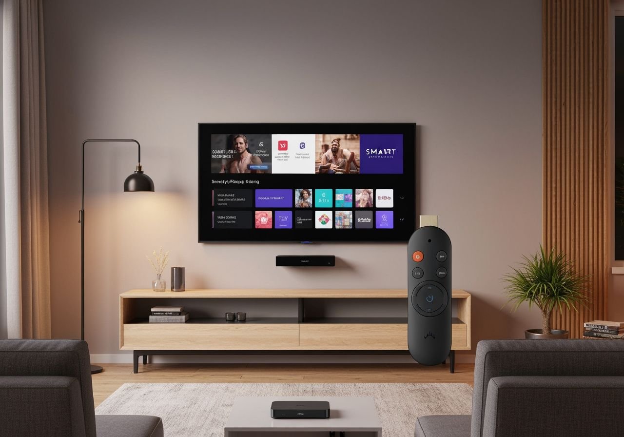 Installation complète de divertissement à domicile avec TV connectée, appareil de streaming et télécommande