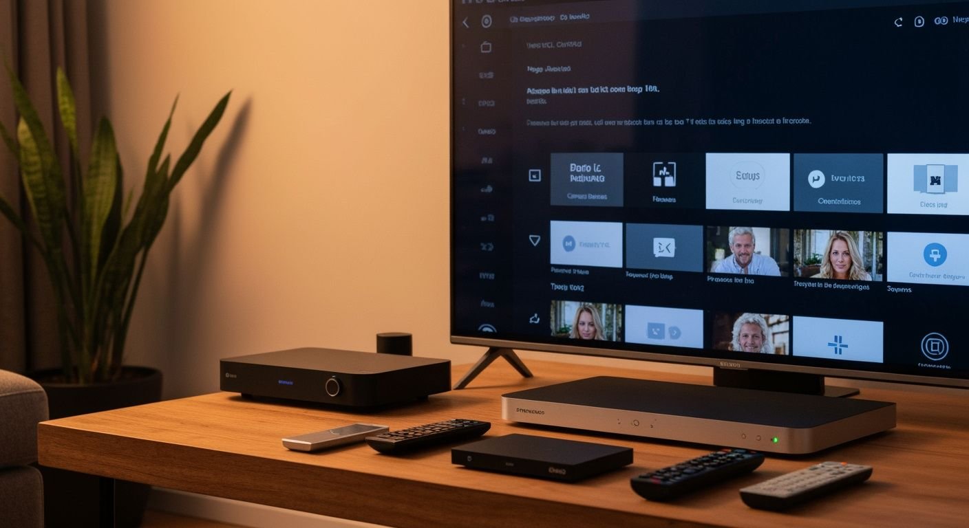 Téléviseur connecté moderne affichant une interface de streaming générique dans un salon élégant