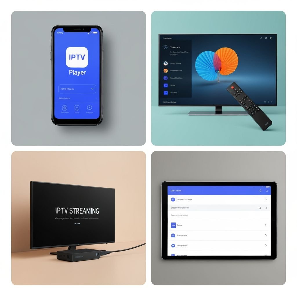Quatre panneaux montrant l'application sur smartphone, Smart TV, appareil de streaming et tablette