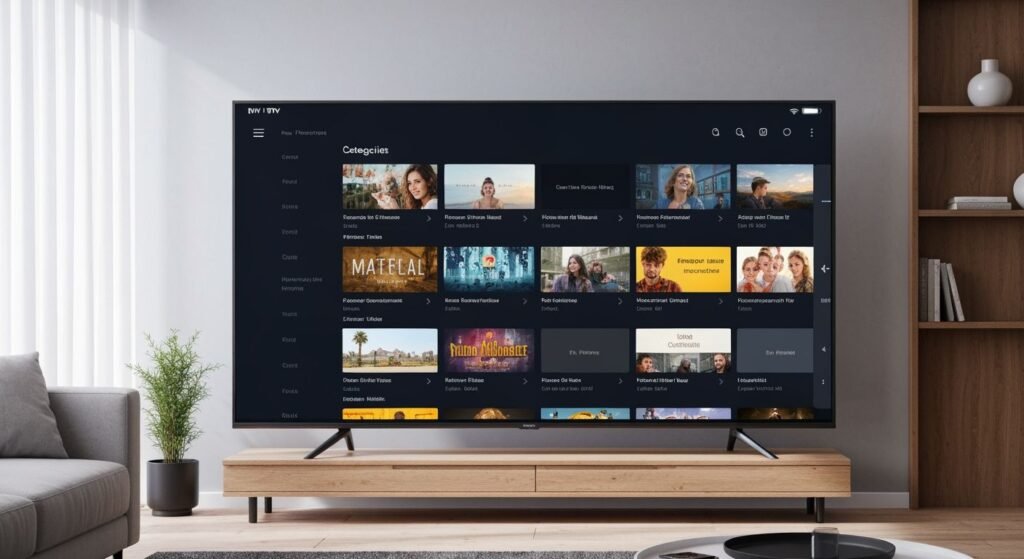Interface de lecteur IPTV moderne affichée sur un téléviseur premium dans un salon contemporain