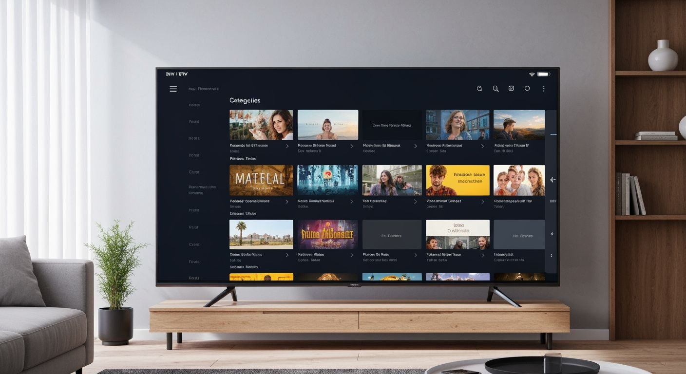 Interface de lecteur IPTV moderne affichée sur un téléviseur premium dans un salon contemporain