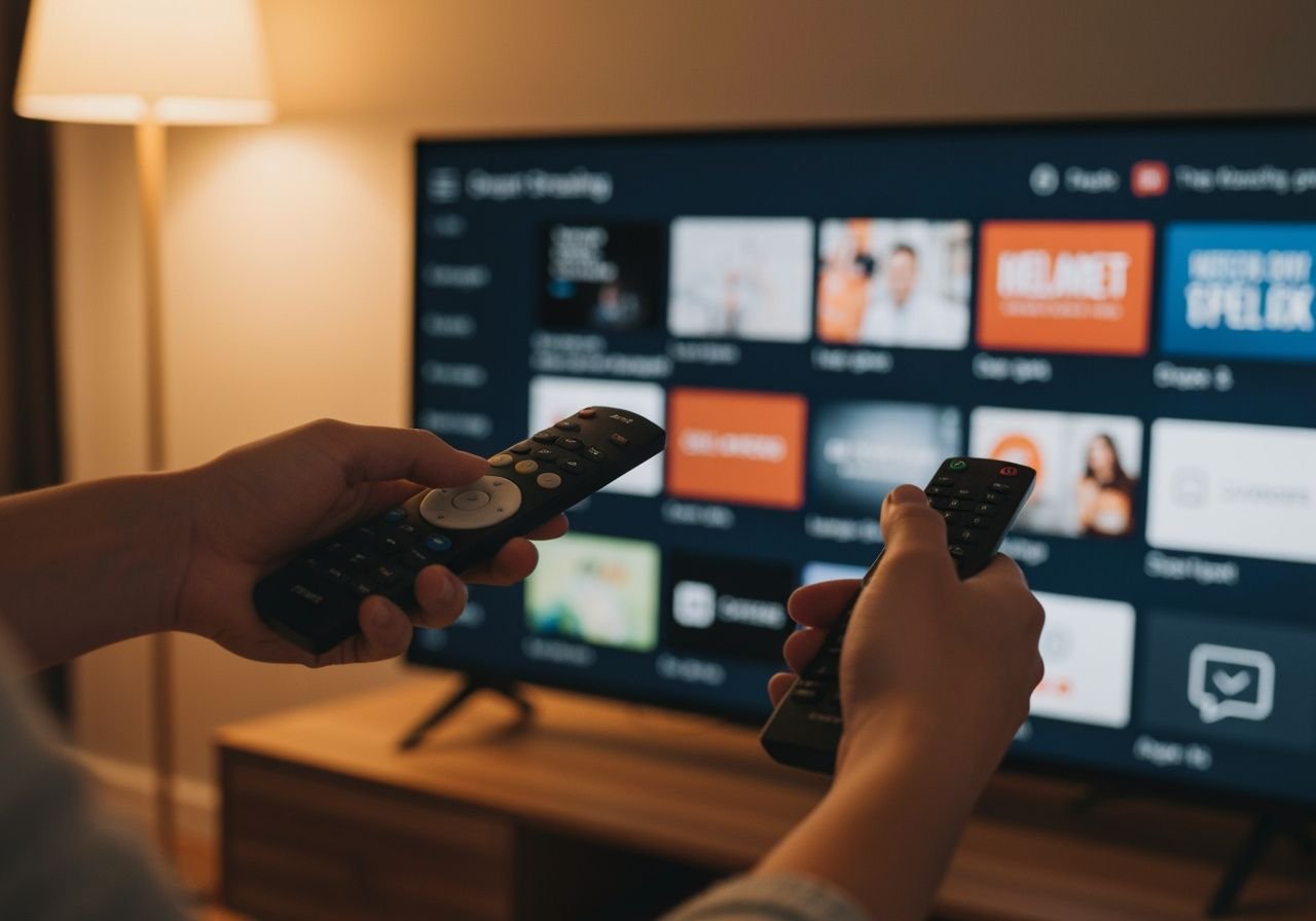 Mains tenant une télécommande pointée vers un téléviseur affichant une interface de streaming
