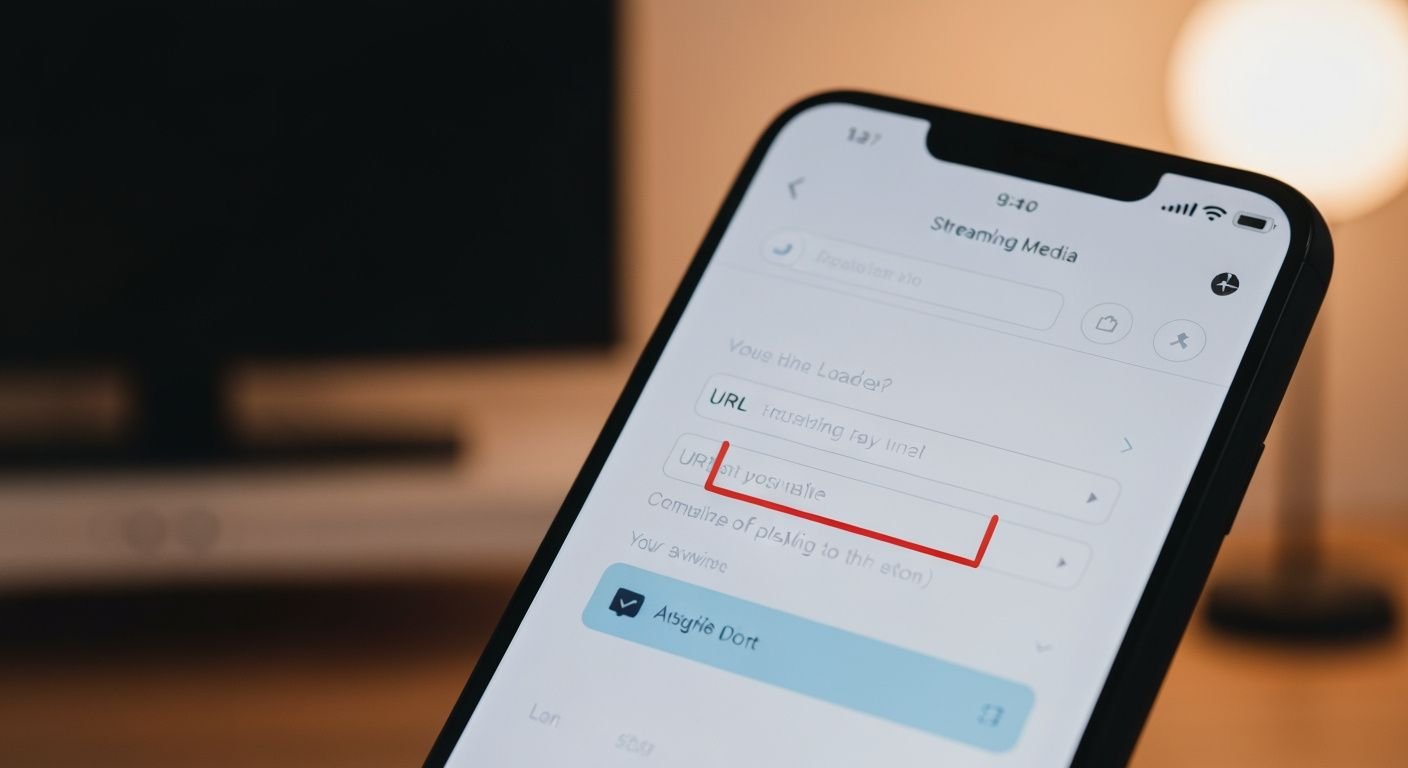 Écran de smartphone affichant un lecteur IPTV avec champ d'URL pour ajouter un flux M3U.